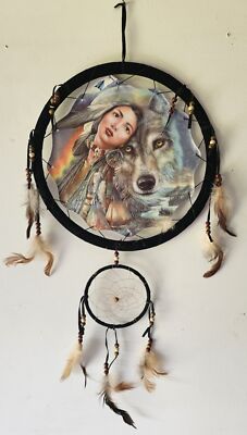 INDIAN LADY WOLF TEEPEE MOON TREES MOUNTAIN DREAMCATCHER 2 RINGS MEDIUM
