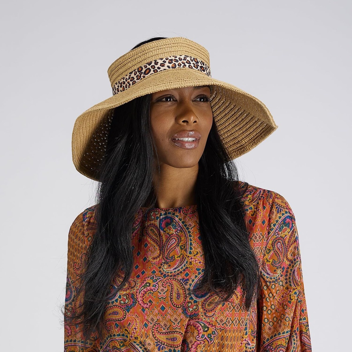 Jessica Simpson tan faux straw packable visor summer hat with animal print scarf Women main image 3