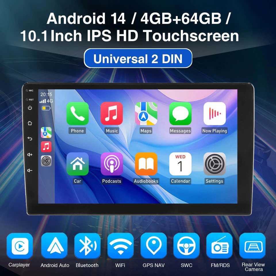 10" Car Stereo 4+64G Carplay Android 14 Double 2DIN IPS Touch Screen GPS Wifi BT - Image 2 of 4