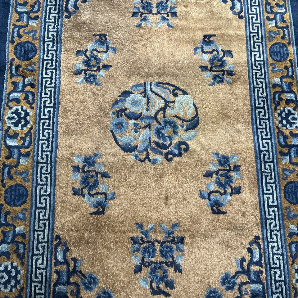 SILK Chinese ORIENTAL 3x5 ft. RUG BLUE, Purple, Floral, ART DECO Rug - Image 2 of 2