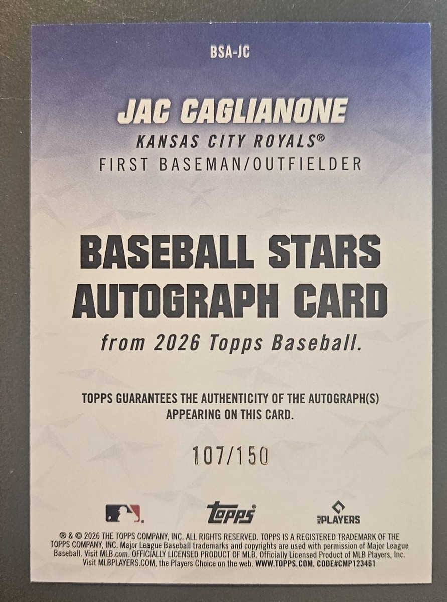 2026 Topps Series 1 Blue 107/150 Baseball Stars Jac Caglianone RC