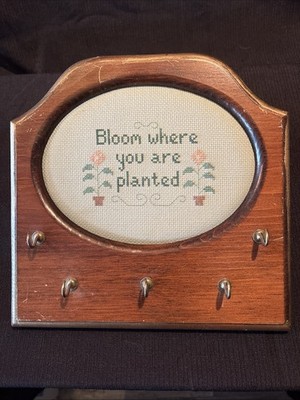 Vintage Cross Stitch Key Holder Cottagecore Wood Frame Floral With Quote