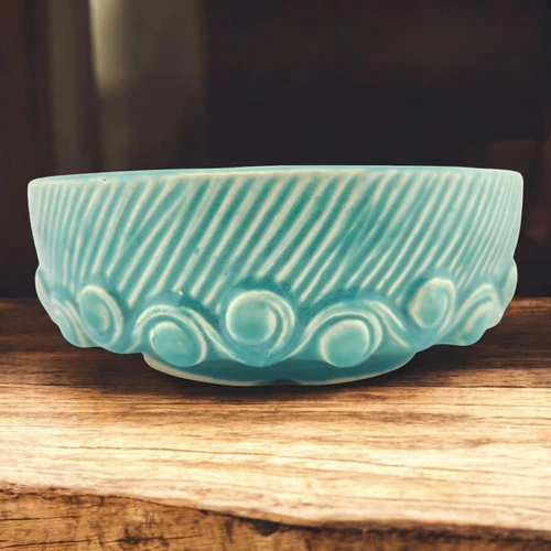 McCoy Pottery 7" Green Turquoise Aqua Wave Knob Bowl Bulb Planter 1947 Real USA