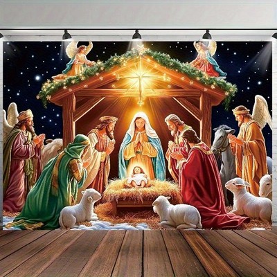 2D Flat, 1pc Christmas Nativity Scene Tapestry - 100% Satin Weave, No Installati