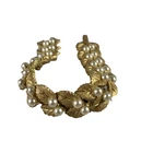 Vintage Trifari Leaf Pearl Bracelet Gold Tone Crown Logo Signed Costume Jewelry