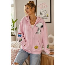 Peanuts Snoopy Chenille Zip Hoodie L Pink Full Zip Graphic Patch Fleece Jacket