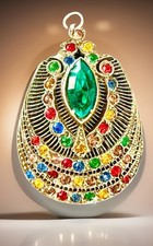 VTG Egyptian Style Pendant W/LG Green MQ Ctr Rhinestone Multi Color Small Stones