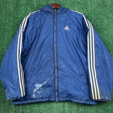 VTG Adidas Jacket Distressed Mens Blue L Reversible Hooded 3-Stripes Winter Coat