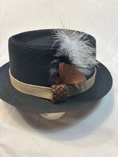 Empire State Hats Black Straw Pork Pie Hat with Feather Accent Size 7 1/8