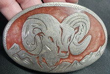 Silver Toned Metal Big Horned Sheep Ram Western Belt Buckle Rodeo Signed Gift