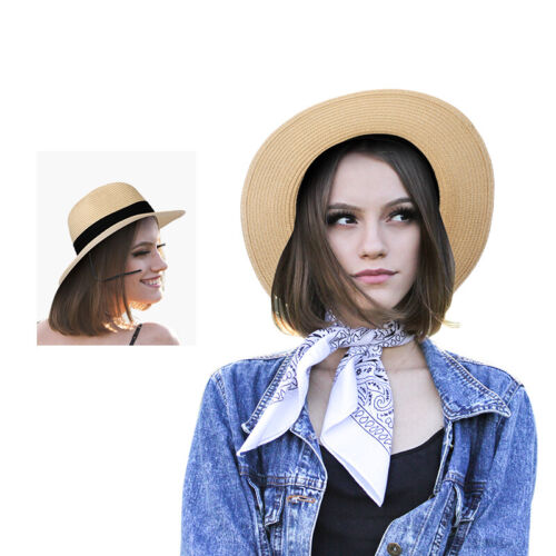 Women Wide Brim Straw Panama Hat Fedora Summer Beach Sun Hat UPF30+ - Picture 13 of 13