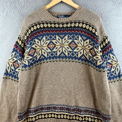 Polo Ralph Lauren Sweater Mens XL Beige Snowflake Nordic Knit Pullover |  eBay