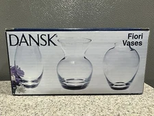 Dansk Fiori Vases Clear Glass Set Of 3 New Opened Box, Miniature 3” Vases