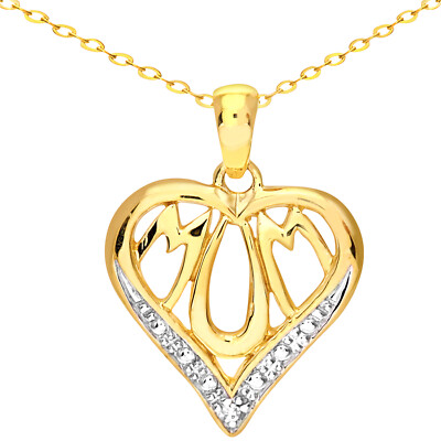 Halskette 9 kt Y Gold natürlicher Diamant MUM Herz Anhänger 18 Zoll Muttertagsgeschenk