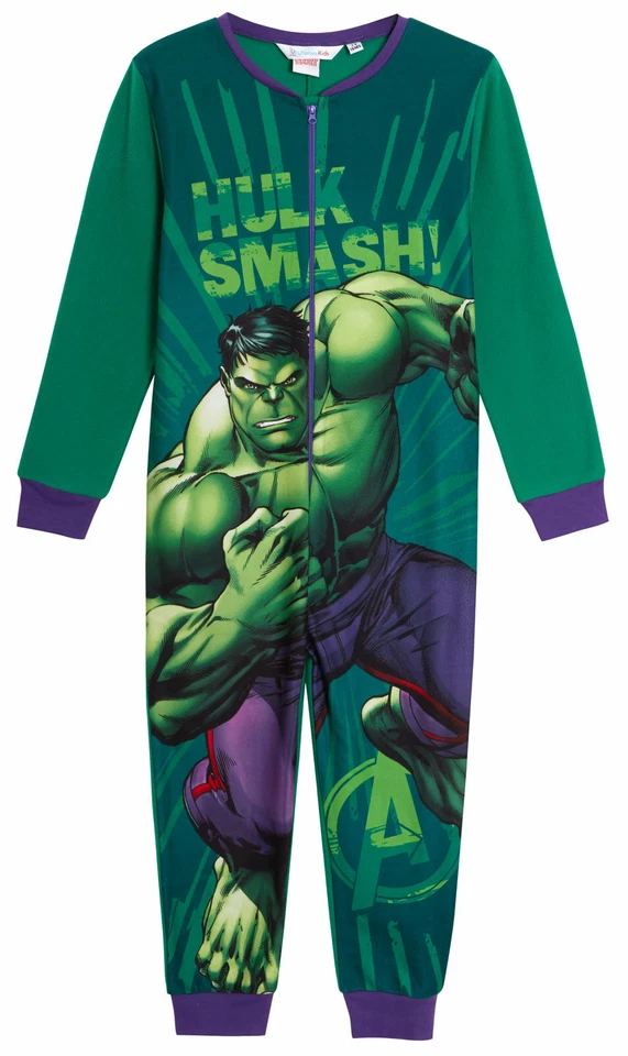 Marvel Hulk Jungen All In One Avengers Schlafanzug Fleece Pyjama Reißverschluss Kinder Loungewear