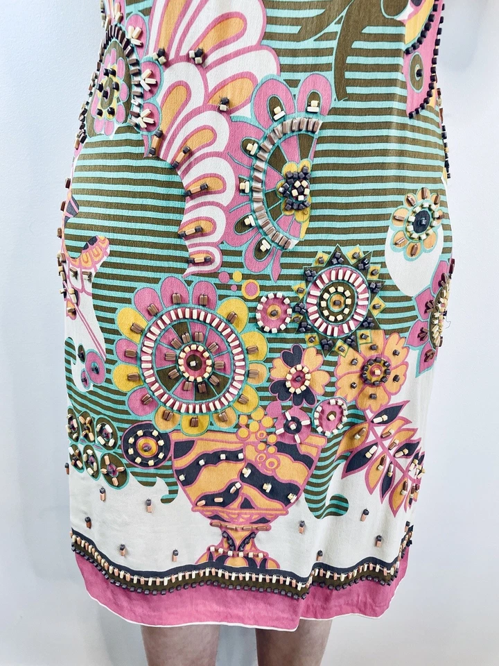 Vestido Nicole Farhi Talla 8 Crema Seda Cambio Cuentas Rosa Verde Corte Diseñador Foto 3 de 4