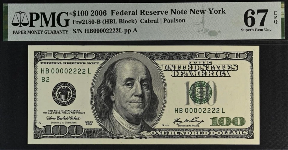 2006 $100 Federal Reserve Note PMG 67EPQ superb Gem Double Quad Serial Number - Image 2 of 3
