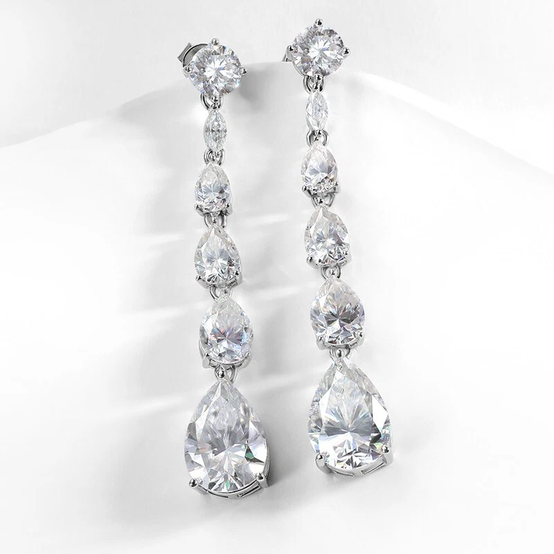 VVS1 Pear Cut Moissanite Tassel Drop Dangle Earrings Women 14k White Gold Plated - Image 3 of 4