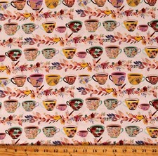 Cotton Autumn Friends Tea Cups Coffee Drinks Pink Fabric Print by Yard D579.88