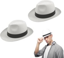 2x White Al Capone Gangster Hat with Moustache Black Tie Braces Pimp Fancy Dress