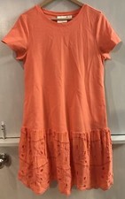 Maeve Anthropologie Coral Short Sleeve Eyelet Lace Flounce Hem T-Shirt Dress S
