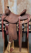 Western Brown Strip Leather Roper Ranch Saddle with Strings 15",16", 17", 18",