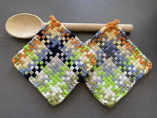 Multi Handmade Set of 2 Potholders Cotton Loom Hot Pads Oven Mitt Trivet Gift 