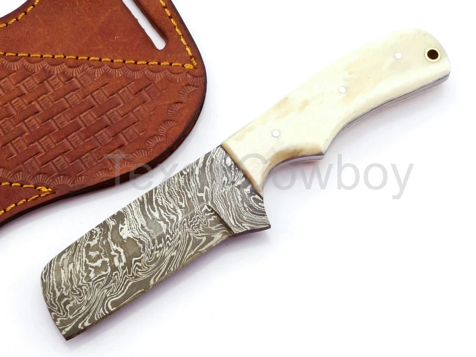Дамасский ковбойский бычий нож ручной работы с костяной ручкой и блинными ножнами - Изображение 2 из 4