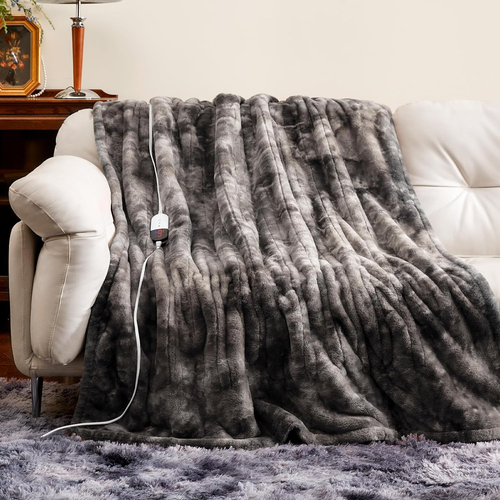 Electric Heated Throw Faux Rabbit Fur Blanket with 6 Heating Levels & 4