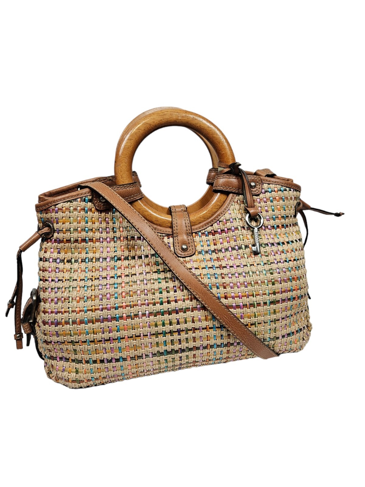 Fossil Woven Straw Purse Round Wooden Handle Rainbow Women's Handbag