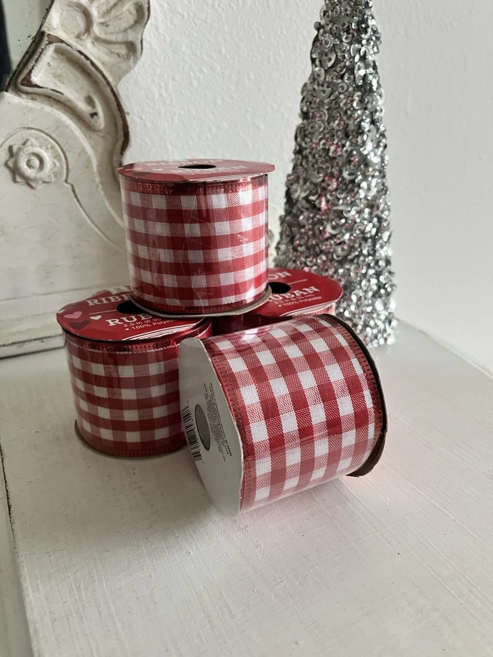"Cinta con cable grande roja y blanca a cuadros de guinga de 2,5"" de ancho X 9 pies artesanías navideñas" Foto 2 de 4