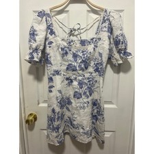 Reformation Evianna 100% Linen Lace Trim Blue White Floral Mini Dress 8