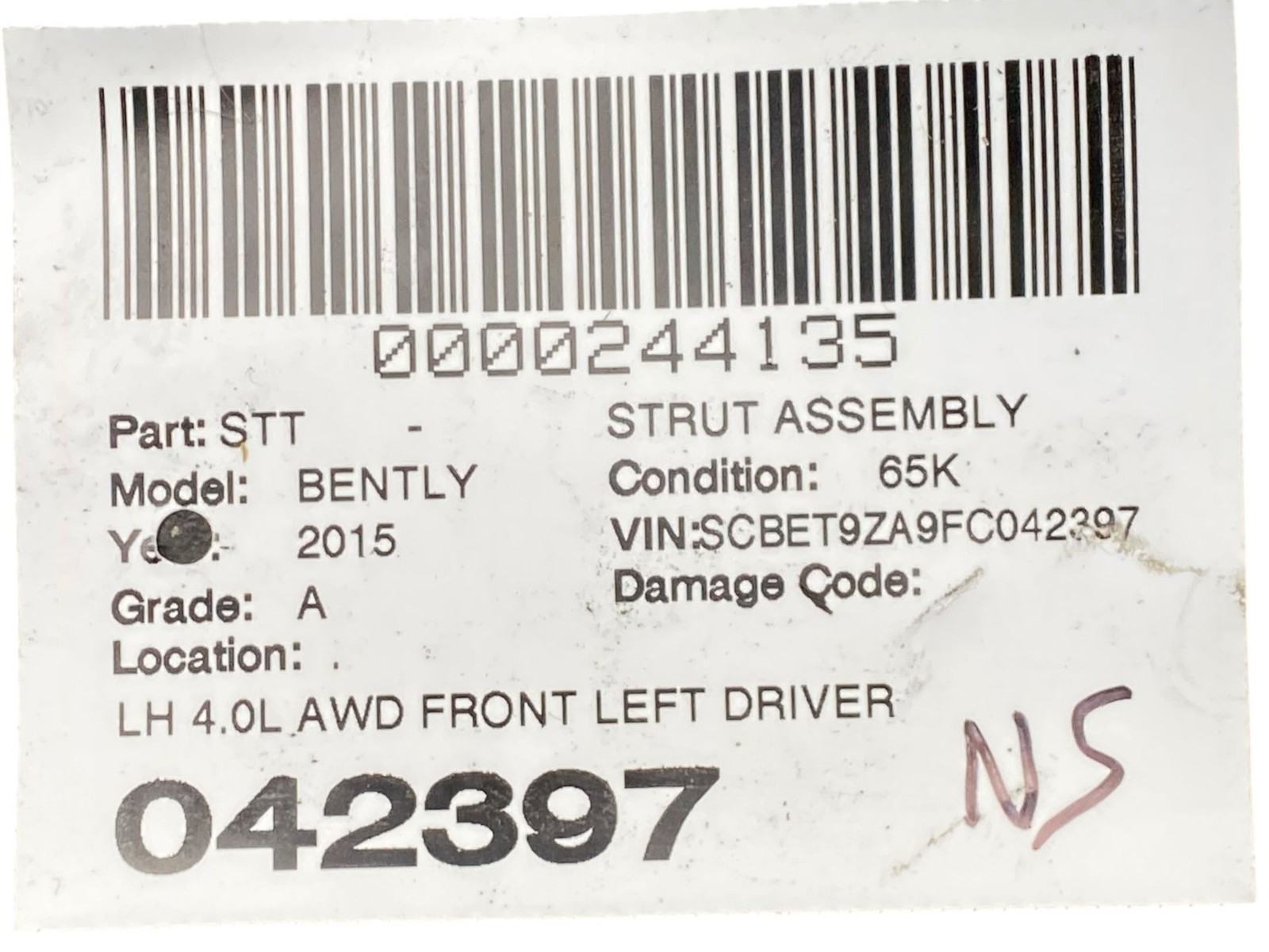 2013-2019 BENTLEY FLYING SPUR 4W 223B 4L AWD FRONT LH AIR RIDE SUSPENSION STRUT