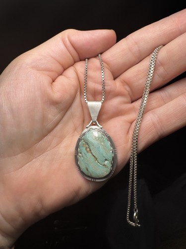 925 Sterling Silver Oval Blue Turquoise Bezel Charm Pendant Box Chain Necklace
