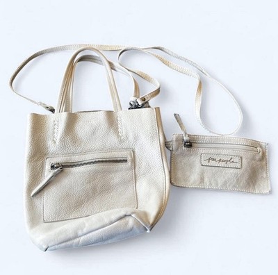 Free People Small Beige Crossbody Tote Bag, Detachable Strap & Pouch, Zip