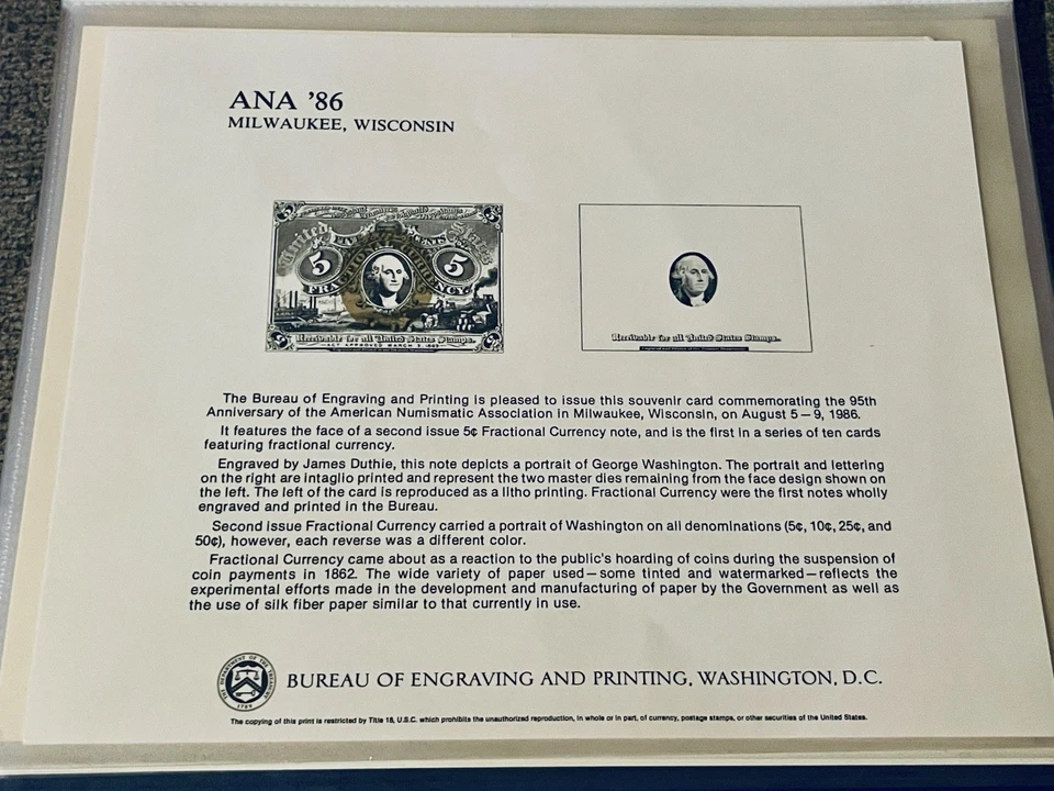 Vintage 5 Cent Fractional Currency, 2nd Issue, BEP Souvenir Card Exact Printing - Image 2 of 3