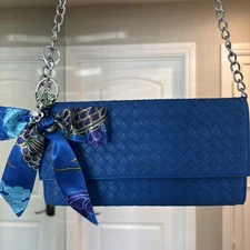 Bottega Veneta BLUE Nappa Intrecciato Woven Leather Clutch Crossbody Chain BONUS