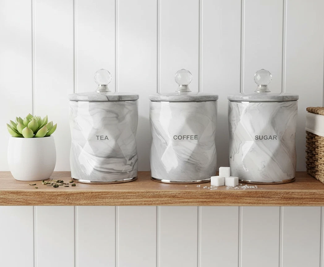 Tea Coffee Sugar Jar Marble Grey Pink Storage Set Tableware Air Tight Canisters
Opens in a new windo