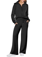 Women s 2 Piece Outfits Half Zip Sweatshirt Wide Leg Pants Airport Travel L...
