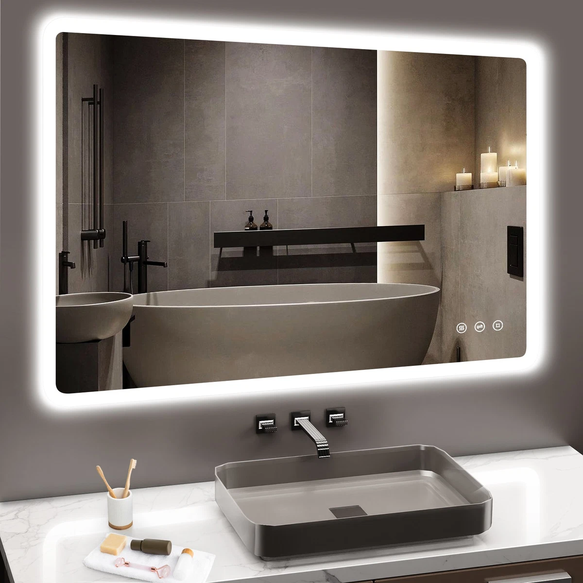LED Bad Spiegel mit Beleuchtung 3 Lichtfarben Dimmbar Badezimmerspiegel 80x60cm