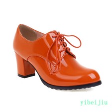 Vintage Womens Glossy Shiny Leather Mid Heel Lace Up Shoes Pump Spring Plus Size