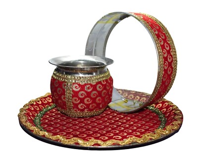 BRACOP® Karwachauth Pooja Thali-Set - 4-teiliges Ritual-Set Für Karwa Chauth Mit Channi, Kalash & Diya