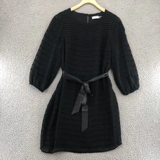 Calvin Klein Dress Womens 10 Black Mini Shift Long Sleeve Pleated Tiered Belted
