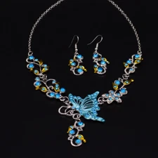 Silver Tone Butterfly Flower Crystal Necklace Earrings Party Jewelry Set