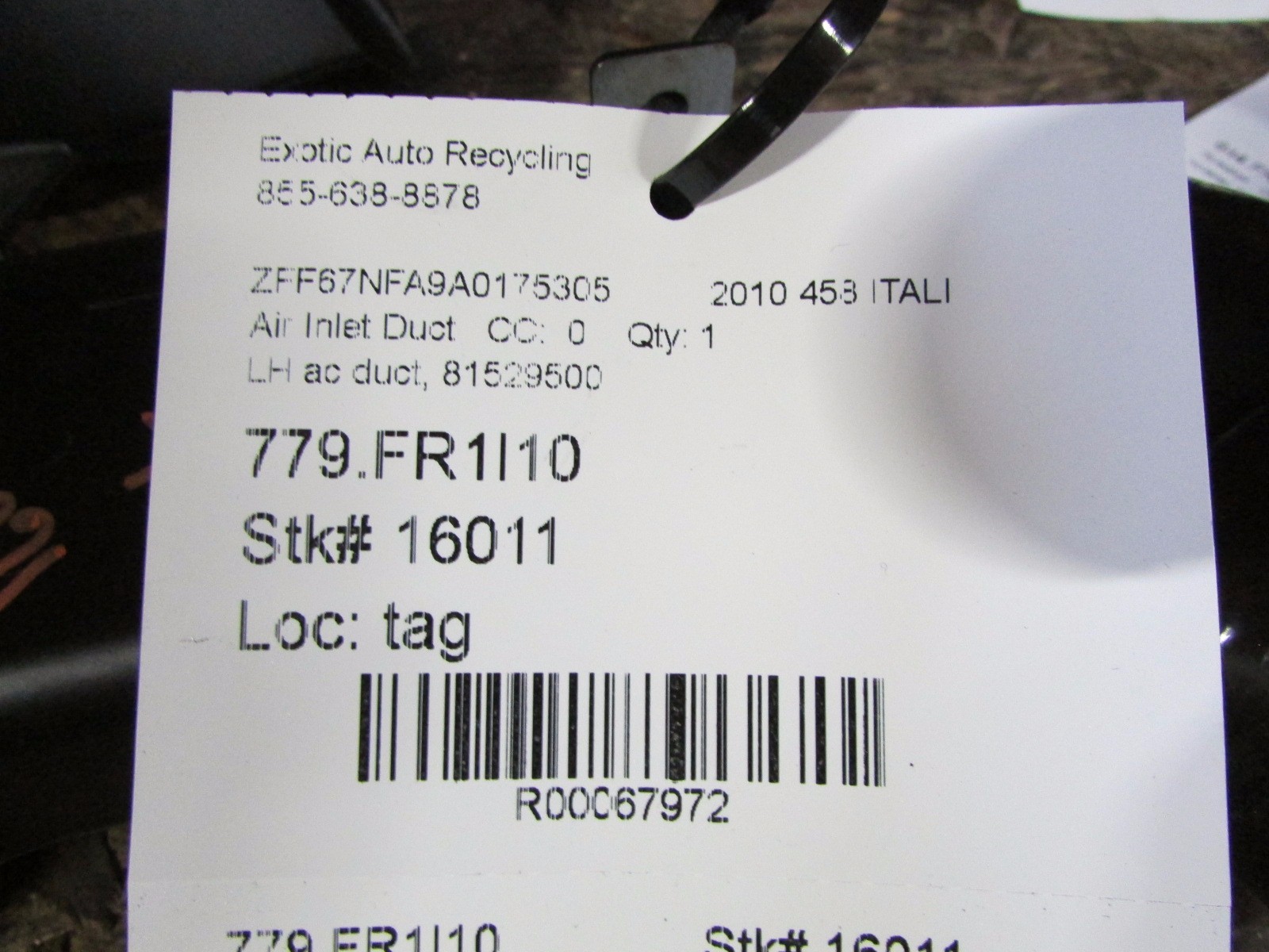 Ferrari 458 Italia, LH, Left Air Conditioning Duct, Used, P/N 81529500