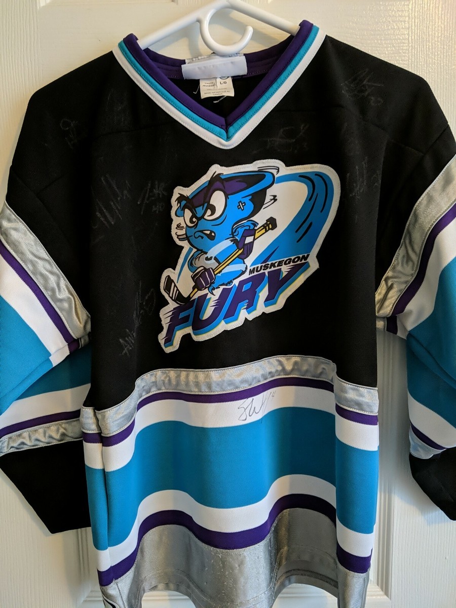Defunct Muskegon Fury Multicolor Team Signed Youth Hockey Jersey