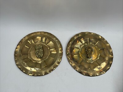 2 Vintage Ancient Incan Mayan Aztec Brass Metal Wall Hangings Antique Gold RARE