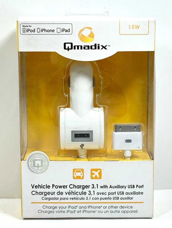 Cargador de Coche USB Qmadix 3.1A para iPhone 4/4S/iPad, Blanco Foto 4 de 4