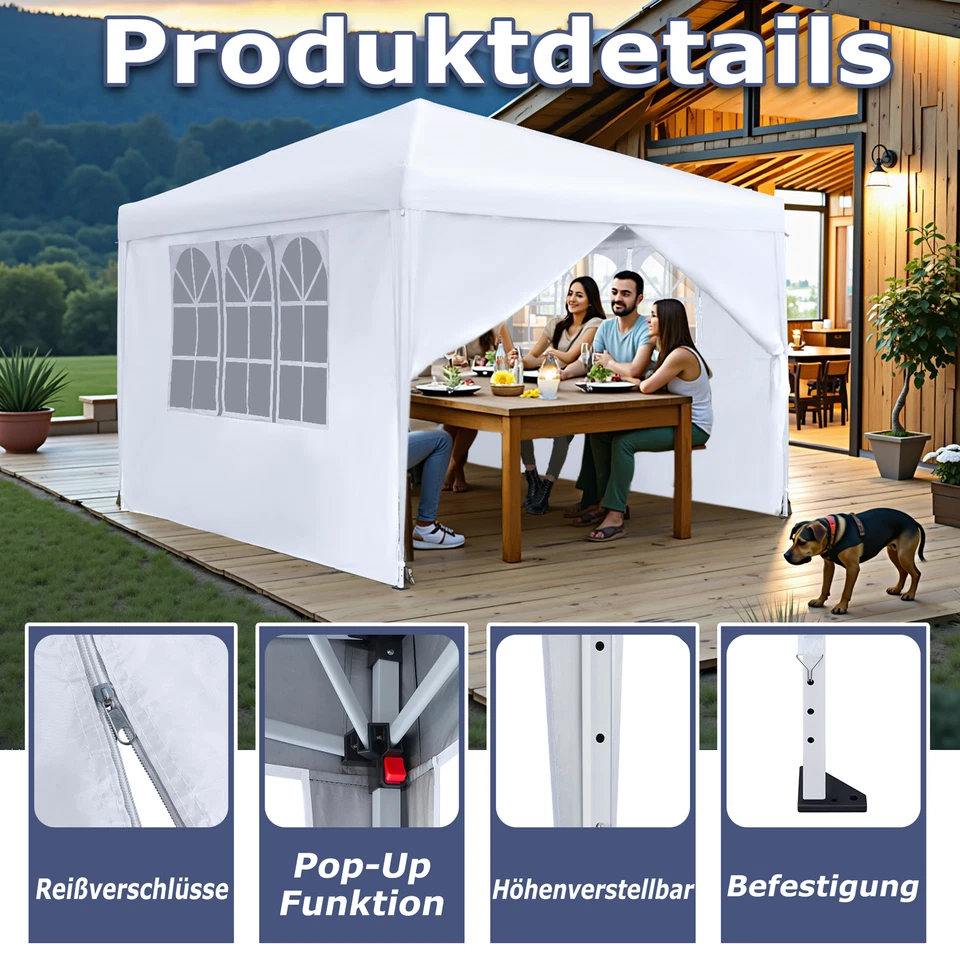 3x3m Faltpavillon Pavillon UV Gartenzelt Partyzelt Stabil Faltbar Wasserdicht DE - Bild 3 von 4