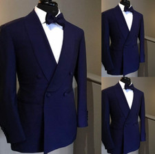 Blue Men's Suits Shawl Lapel Double Breasted Evening Party Wedding Groom Tuxedo